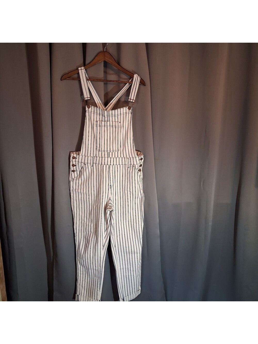 Judy Blue Women's White and Navy Striped Denim Overalls Size XL